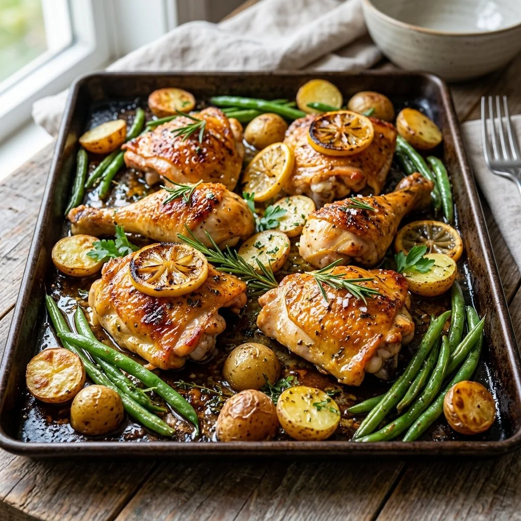 Sheet Pan Lemon Chicken with fresh herbs and vegetables ready to serve