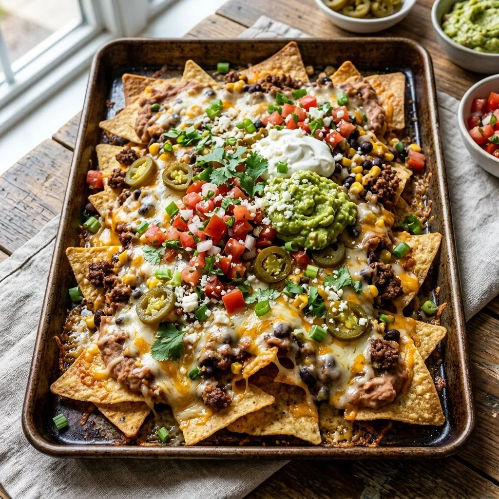 Delicious Sheet Pan Nachos topped with melted cheese and fresh ingredients