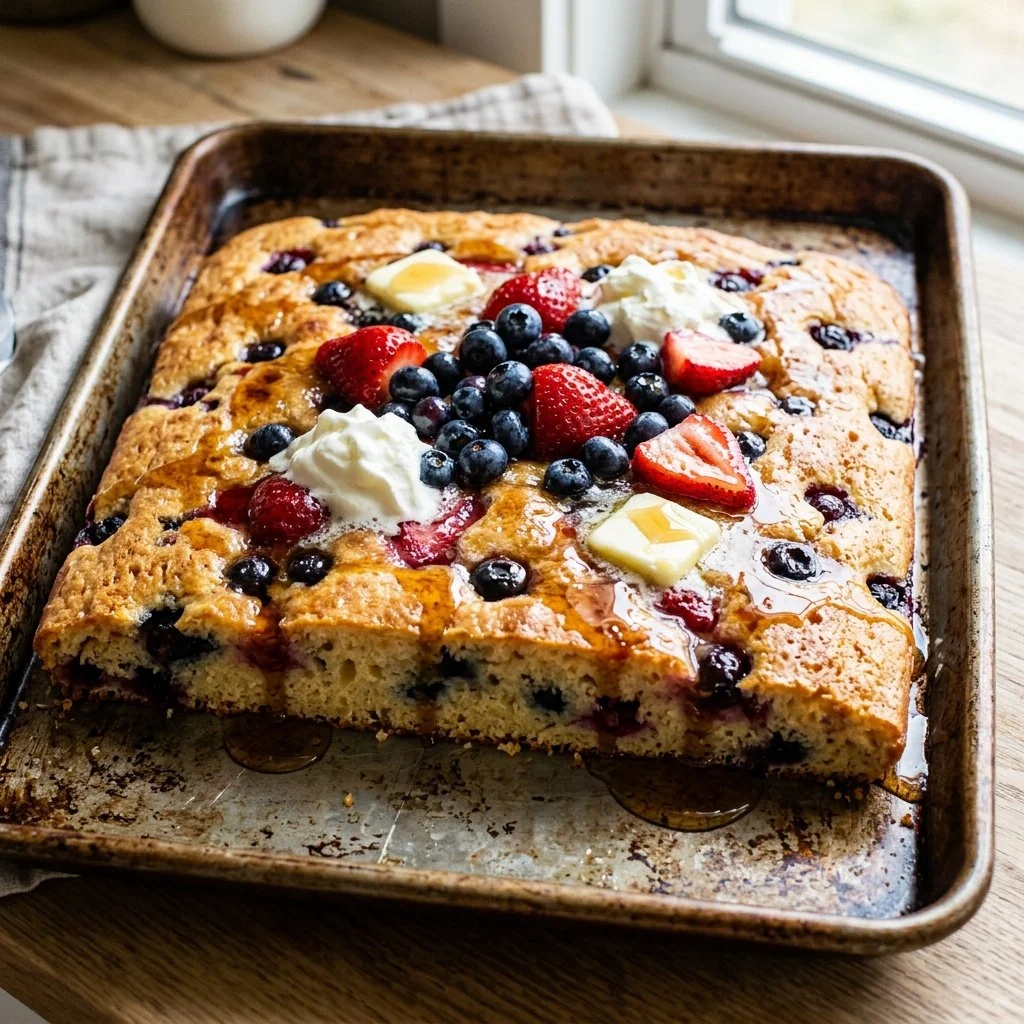 Delicious sheet pan pancakes served with syrup and fresh berries on a table.