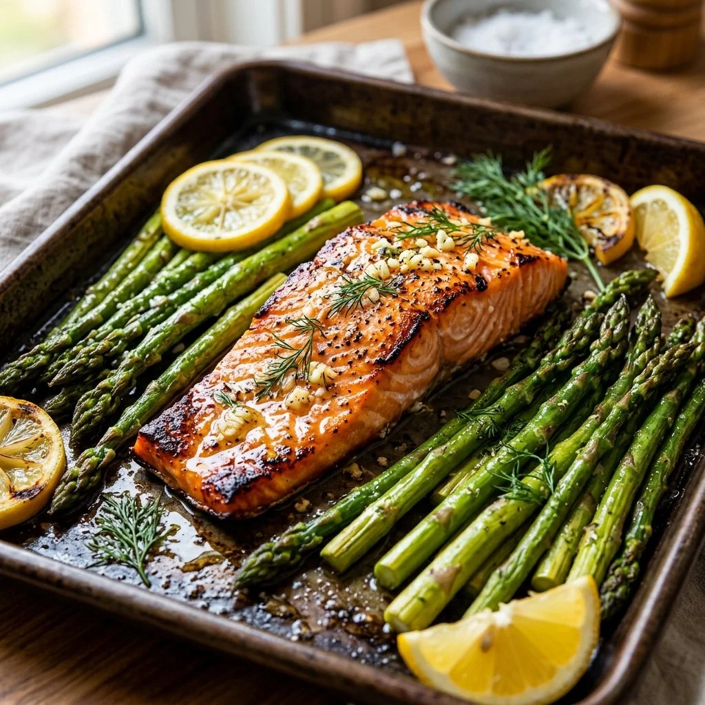 Sheet pan salmon and asparagus dish prepared on a baking tray