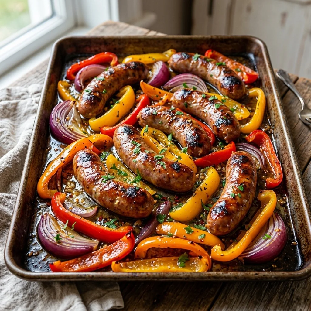 Sheet Pan Sausage and Peppers dish with vibrant vegetables