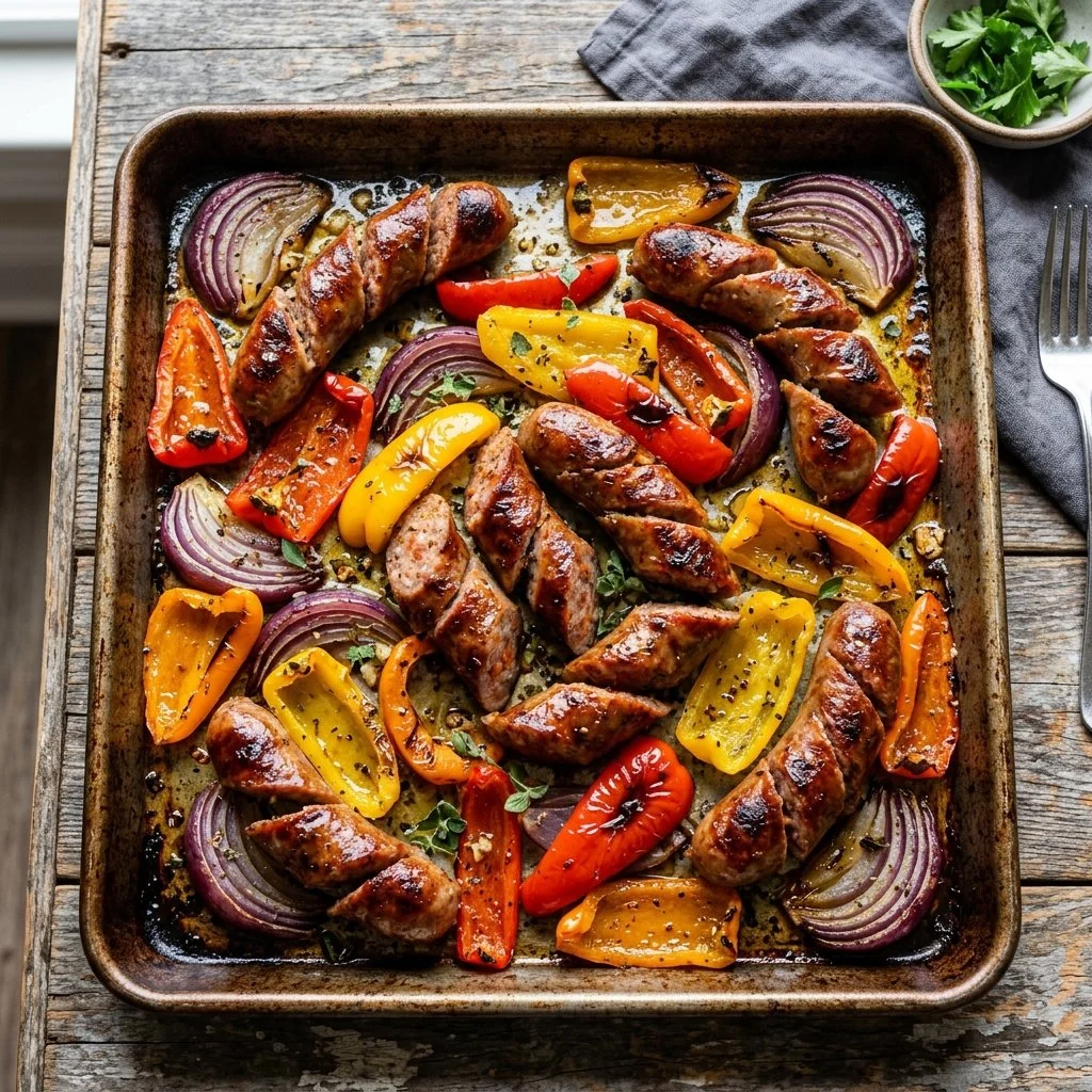 Colorful sheet pan sausage peppers meal ready to serve.