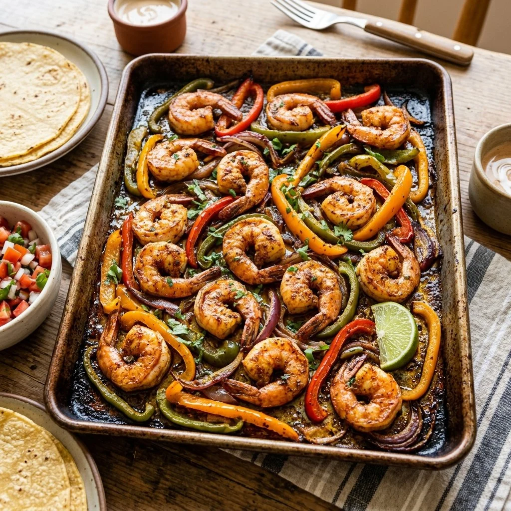 Colorful sheet pan shrimp fajitas with vegetables and spices on a white plate.