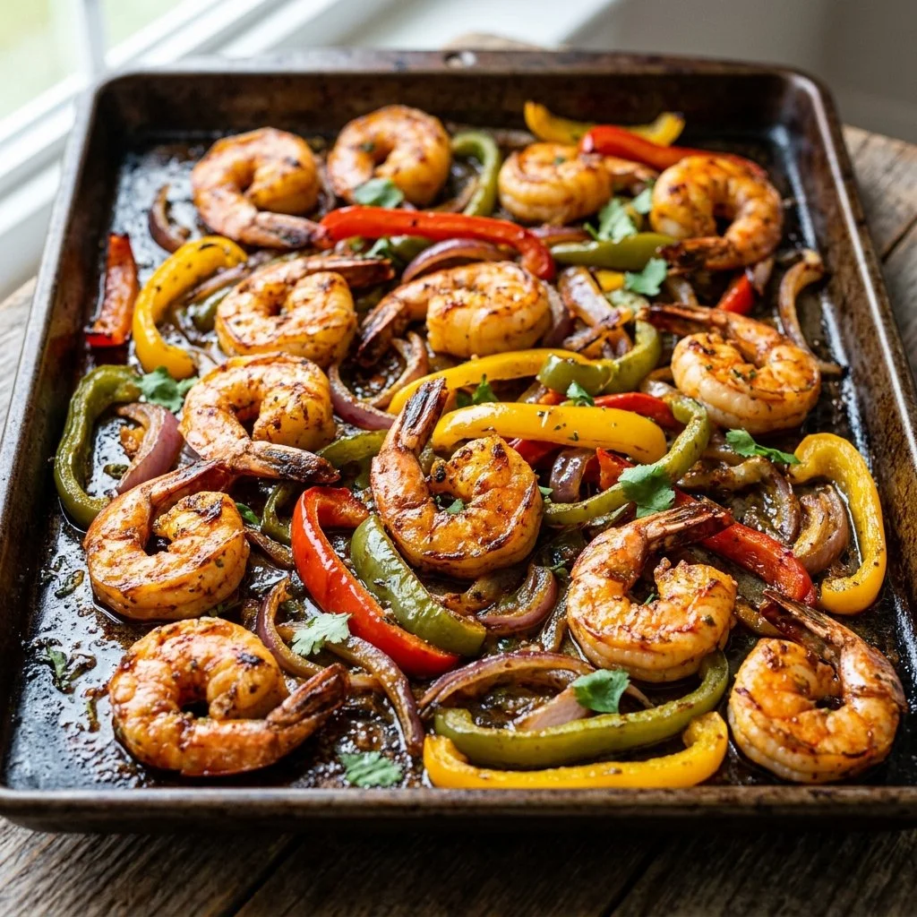Sheet pan shrimp fajitas with colorful bell peppers and onions ready to serve