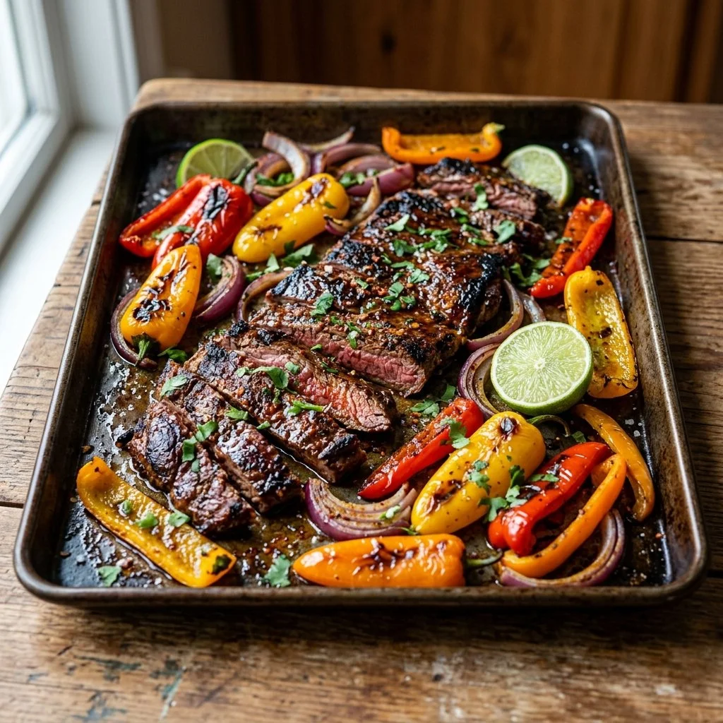 Sheet pan steak fajitas ready to serve with bell peppers and onions