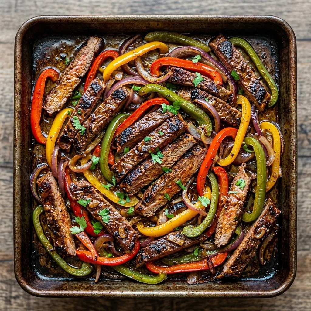 Colorful sheet pan steak fajitas with peppers and onions ready to serve.