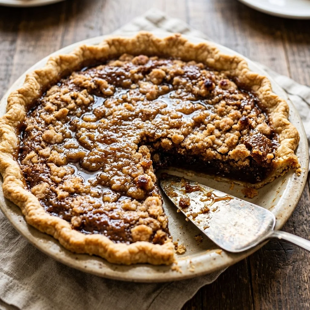 Delicious Shoofly Pie served on a plate, showcasing its molasses filling and crust.