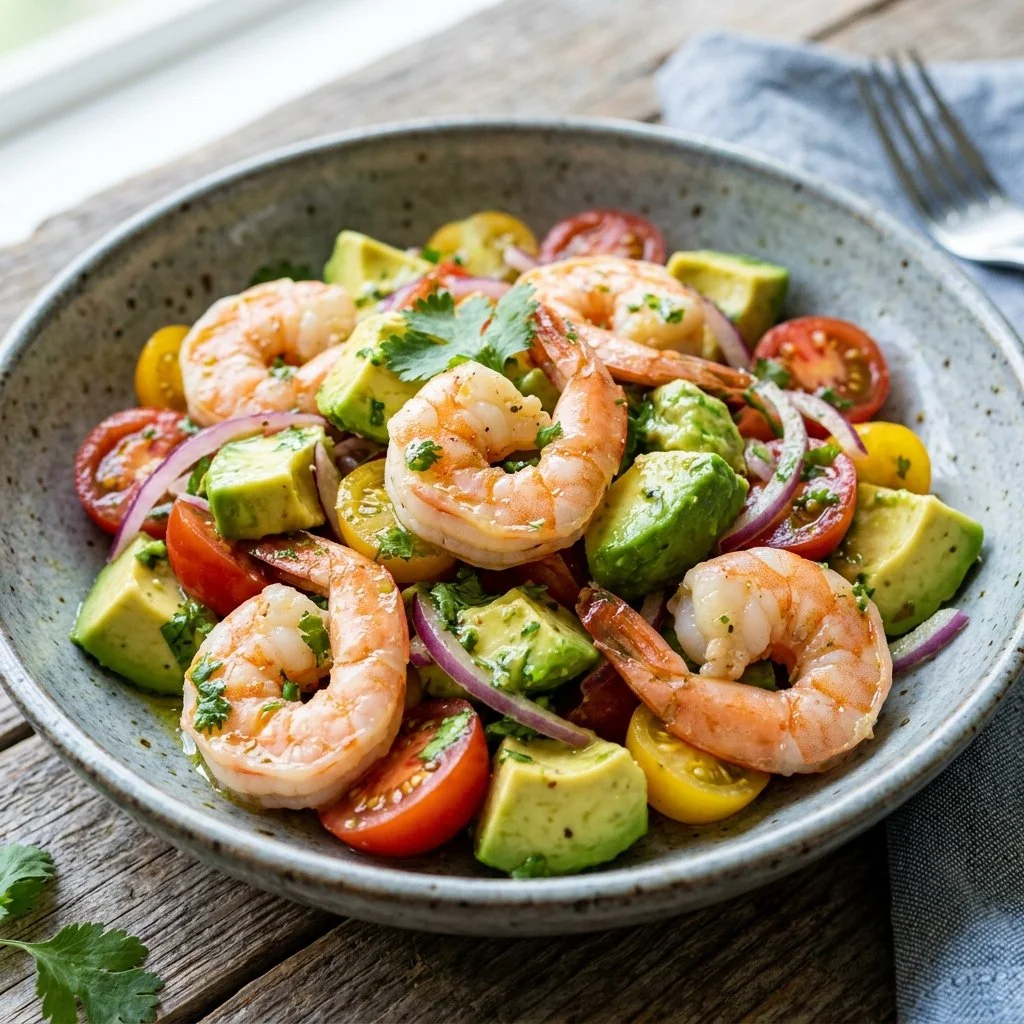 Delicious shrimp avocado salad with fresh vegetables and dressing