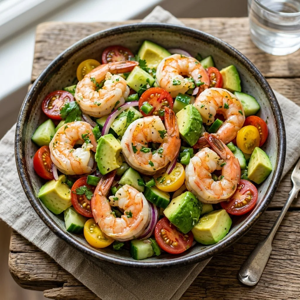 A vibrant shrimp avocado salad with colorful veggies and succulent shrimp