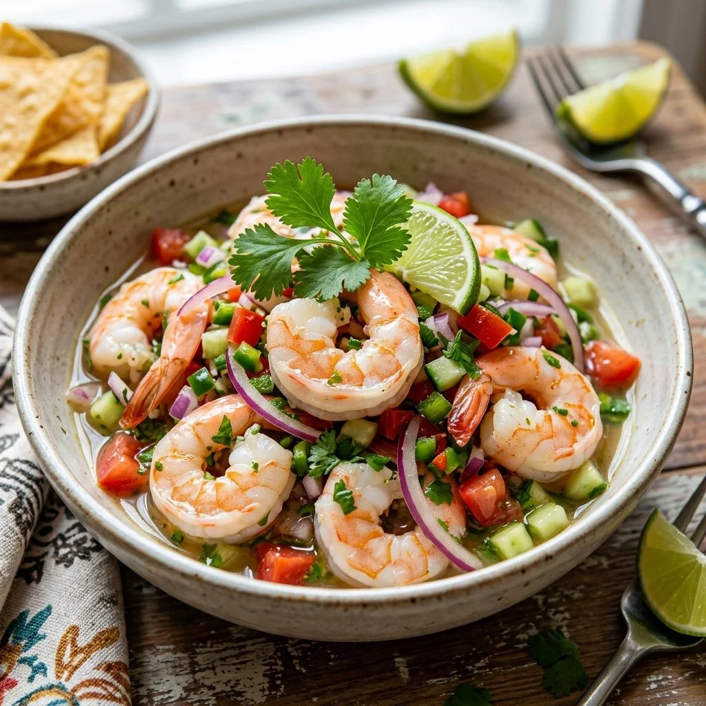 A bowl of fresh Shrimp Ceviche with lime, cilantro, and chopped tomatoes.