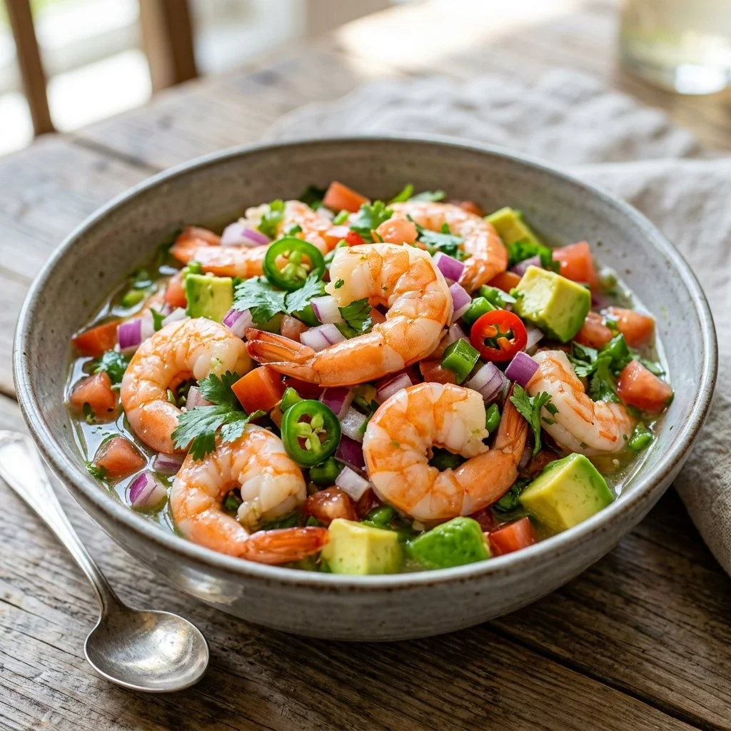 Delicious shrimp ceviche served with lime and cilantro in a bowl.