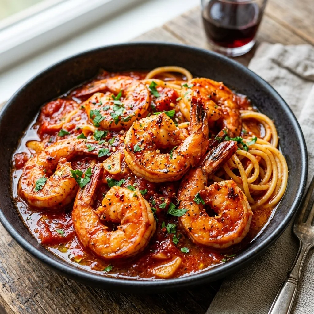 Delicious Shrimp Fra Diavolo served with a spicy marinara sauce and fresh herbs.