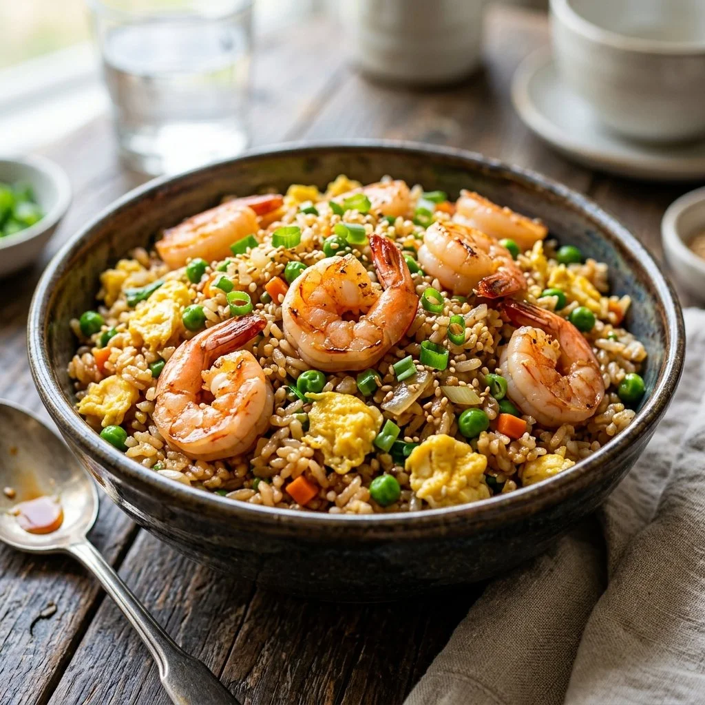 Delicious plate of shrimp fried rice garnished with vegetables