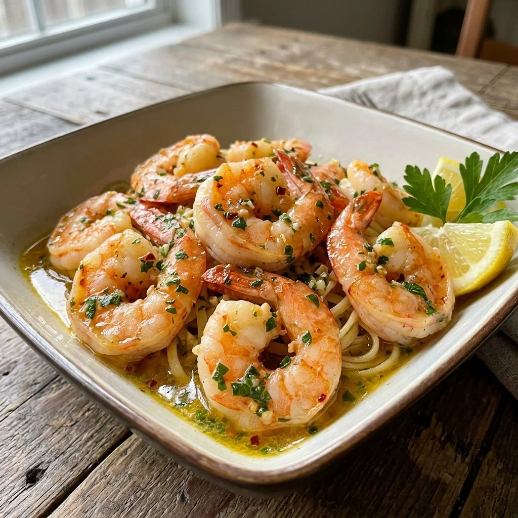 Delicious Shrimp Scampi served on a plate with garlic and parsley