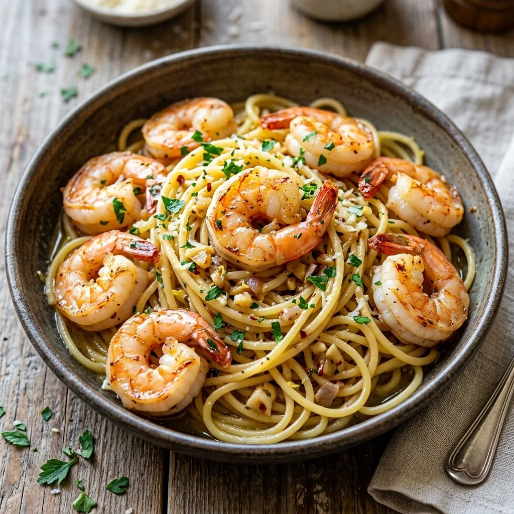 Plate of shrimp scampi pasta with garlic, herbs, and parmesan cheese
