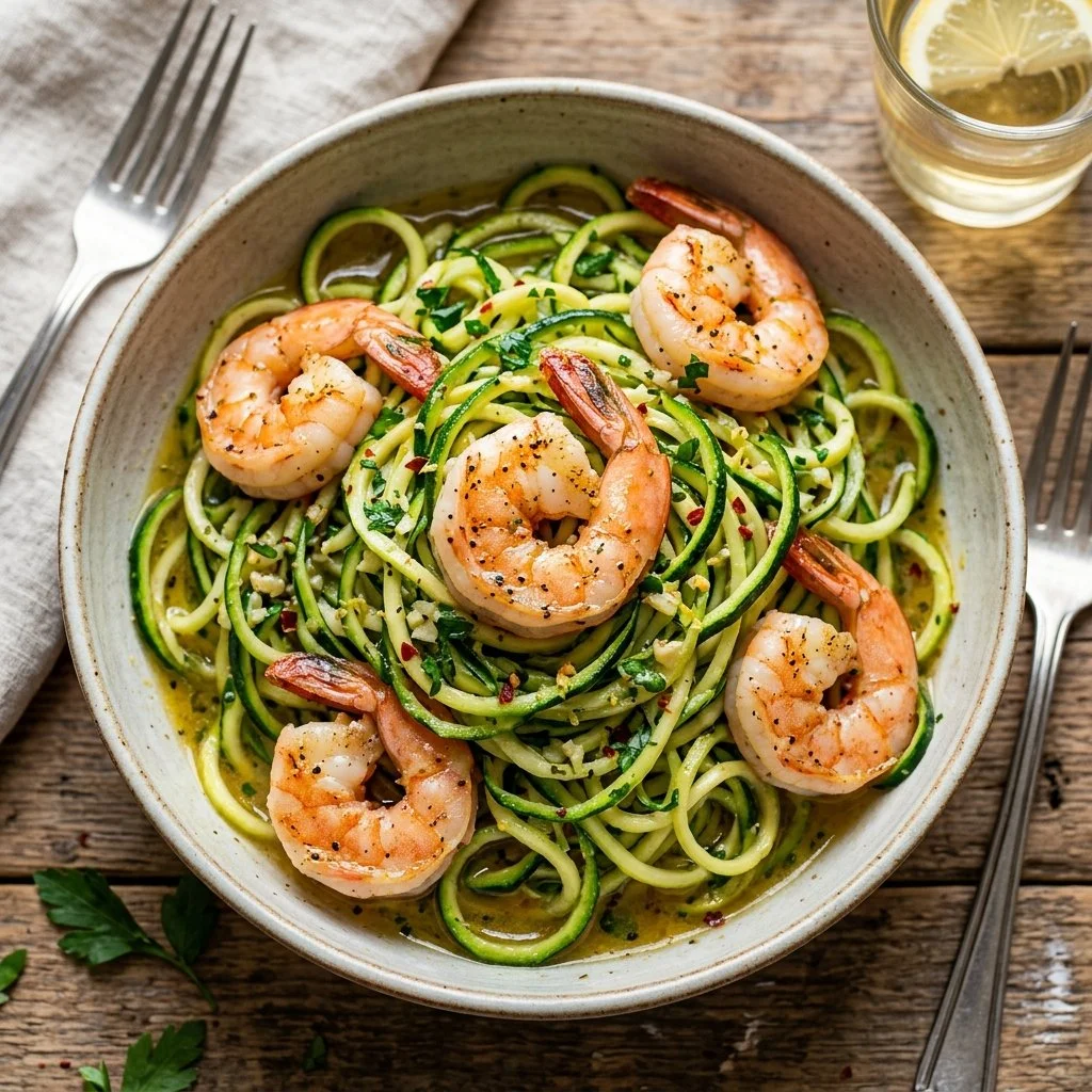 Plate of shrimp scampi served with zoodles, garnished with herbs and lemon.