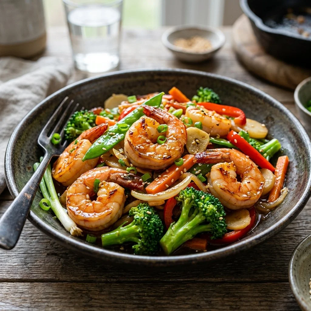Colorful shrimp stir fry with vegetables in a frying pan