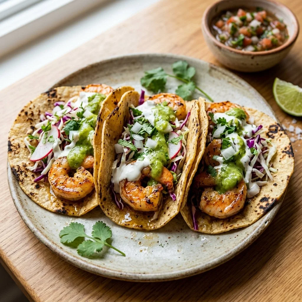 Delicious shrimp tacos with fresh ingredients and garnishes
