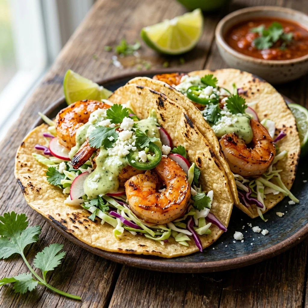 Delicious shrimp tacos topped with fresh ingredients and served on corn tortillas.