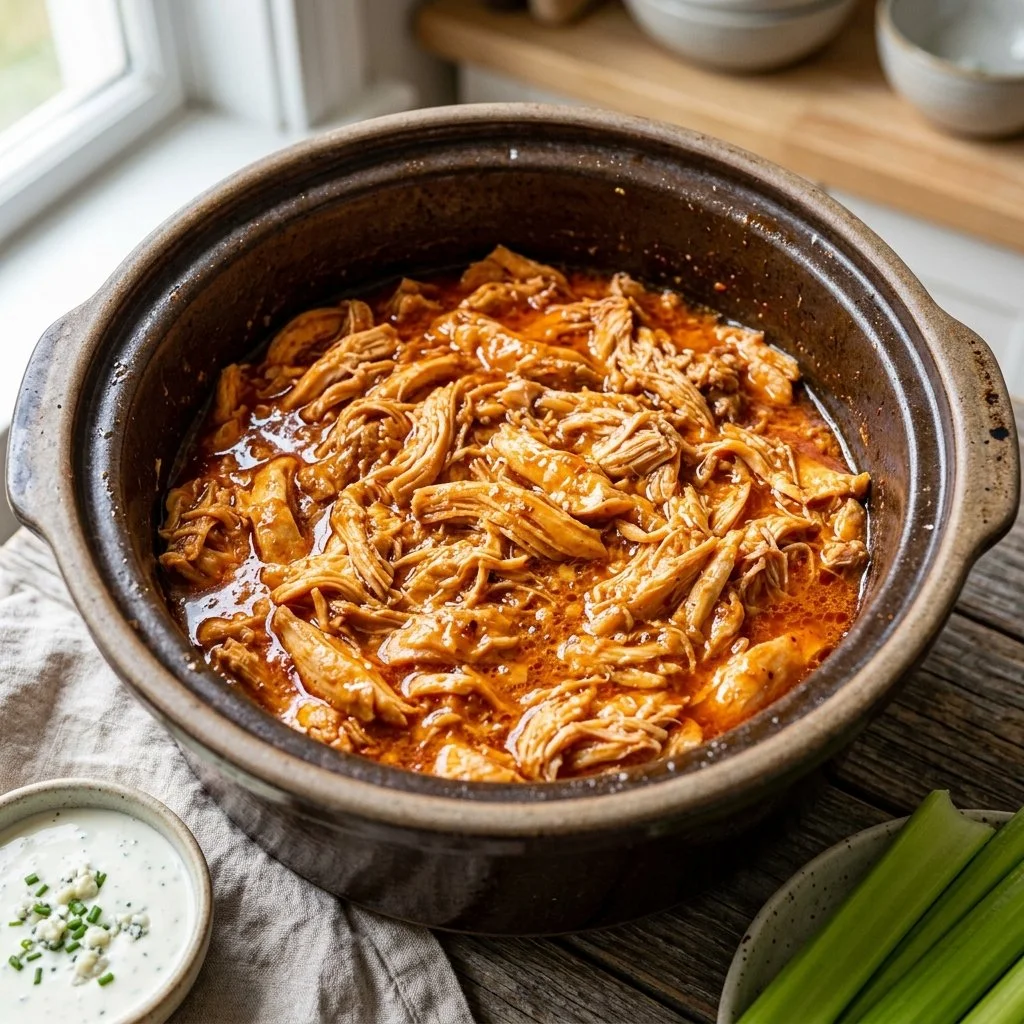 Slow cooker buffalo chicken dish served with celery and ranch dressing