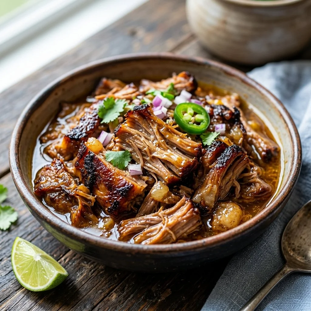 Delicious slow cooker carnitas served in tacos with fresh toppings