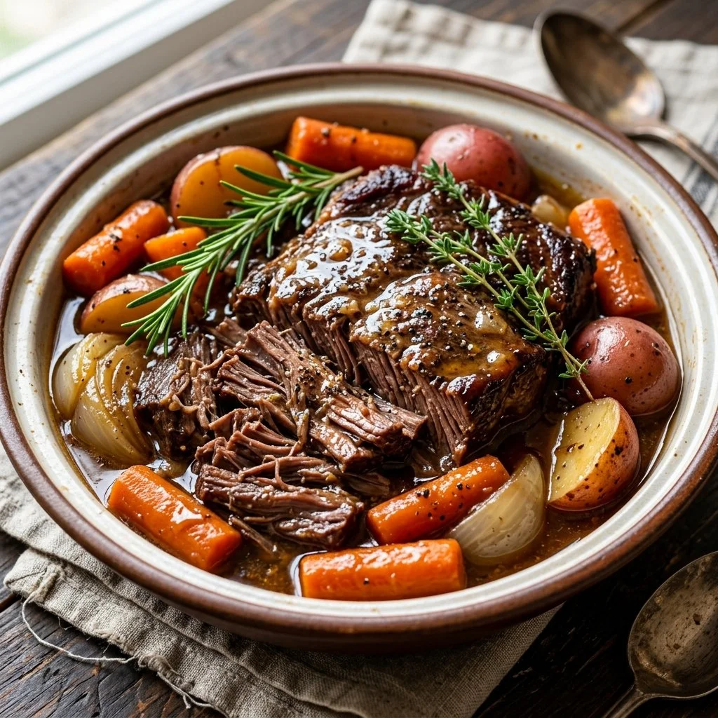 Delicious slow cooker pot roast served with vegetables on a plate