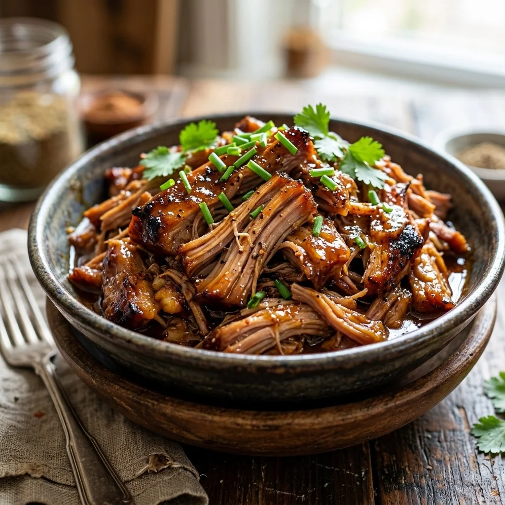 Delicious slow cooker pulled pork served in a bowl with barbecue sauce.