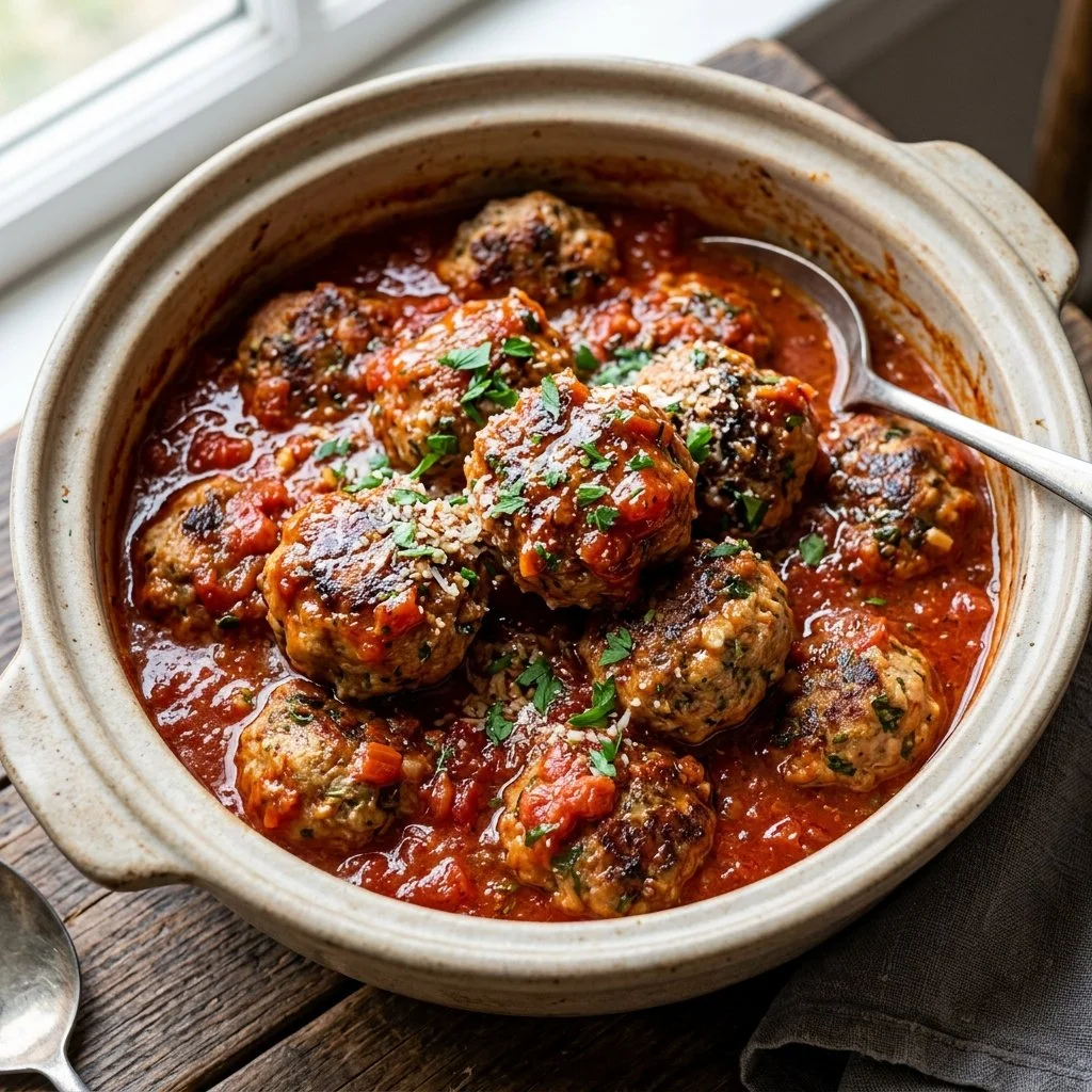 Delicious slow cooker turkey meatballs served with marinara sauce