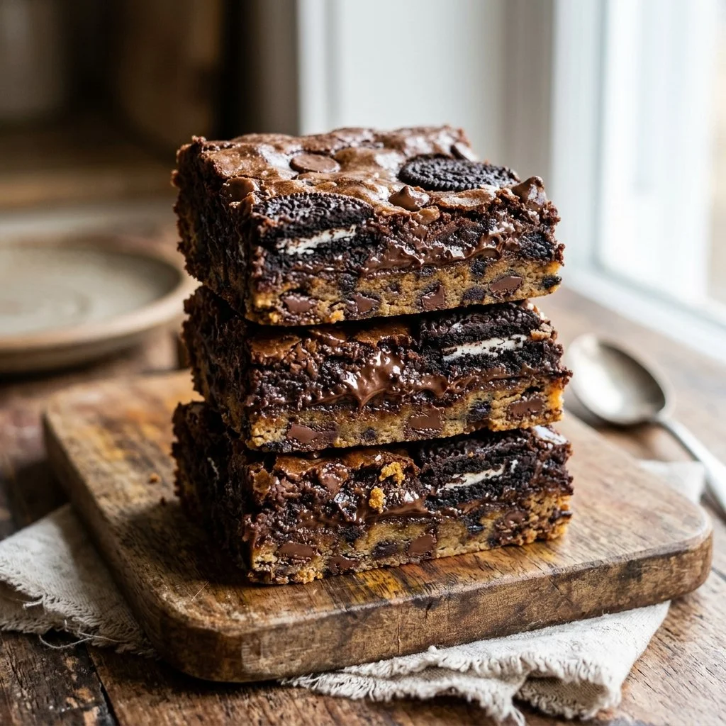 Decadent slutty brownies with layers of cookie dough and Oreos