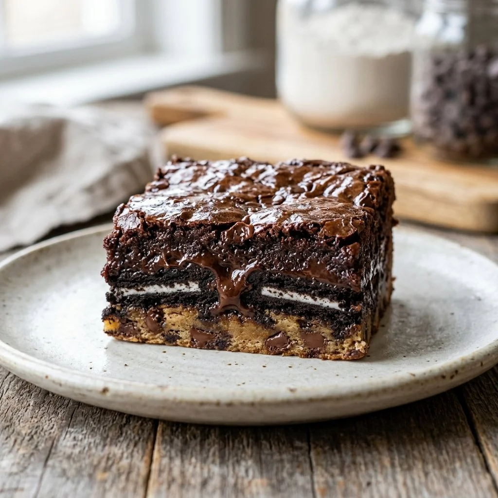 Decadent slutty brownies with layers of cookie dough, brownies, and Oreos.