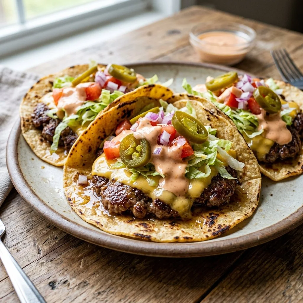 Plate of Smash Burger Tacos with toppings and sauces