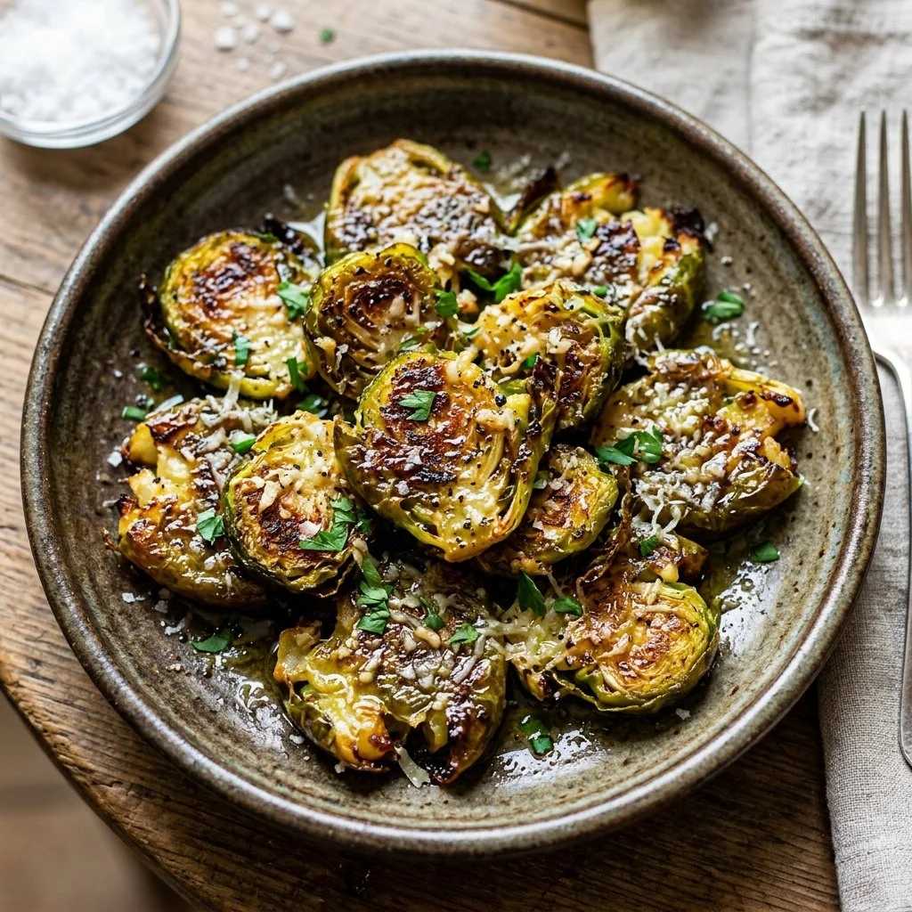 A plate of smashed Brussels sprouts garnished with herbs and spices.