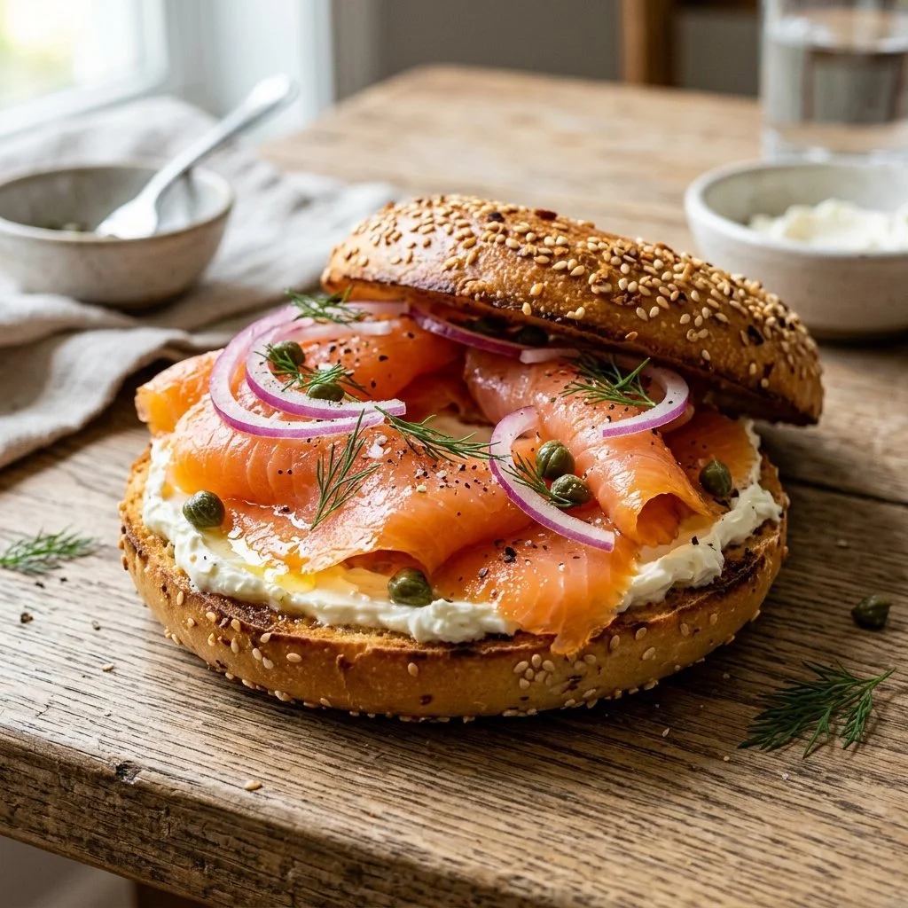 Delicious smoked salmon bagel with cream cheese and capers