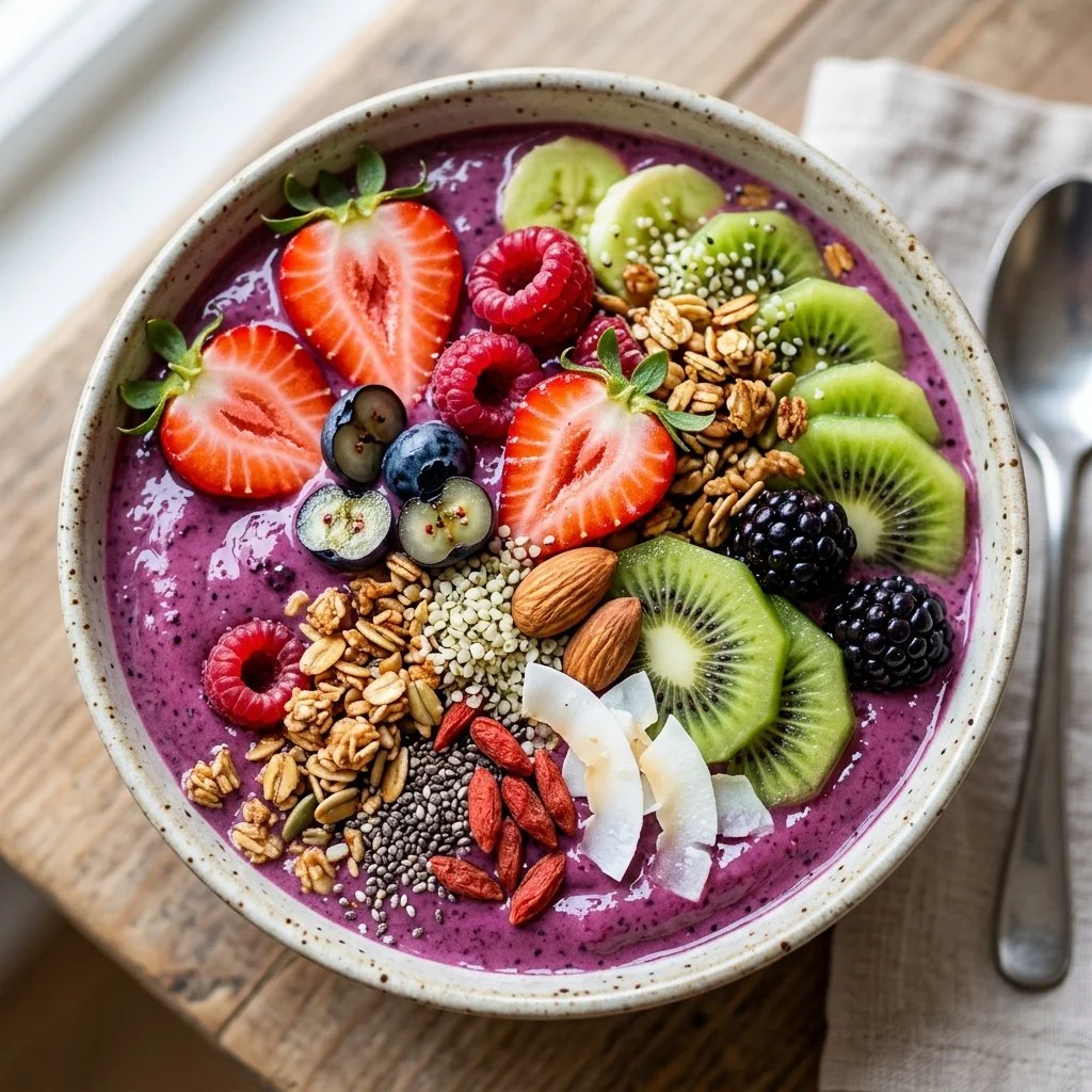 Colorful smoothie bowl topped with fresh fruits and granola for a healthy meal.