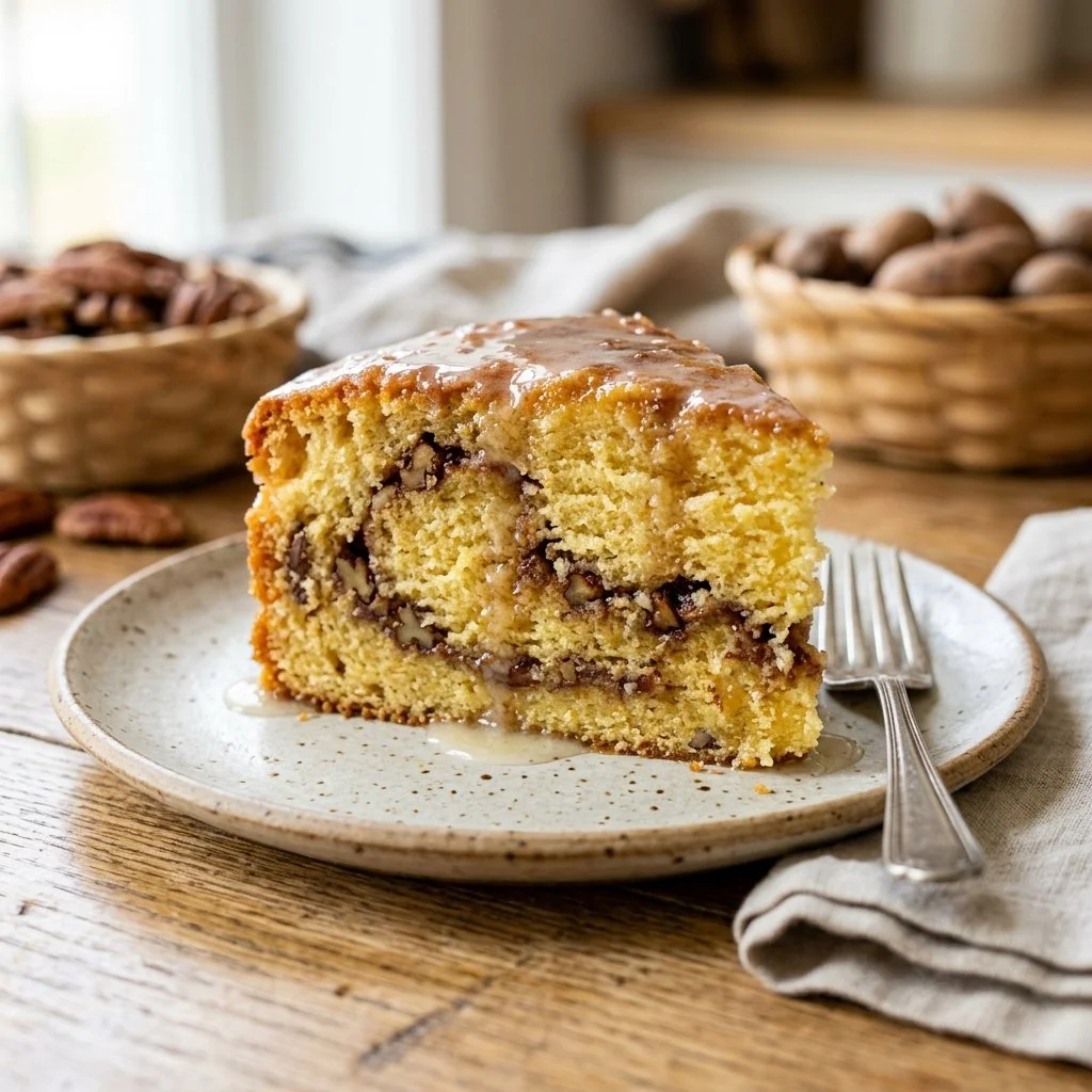 Delicious Sock It To Me Cake with a rich, buttery flavor and a pecan topping.