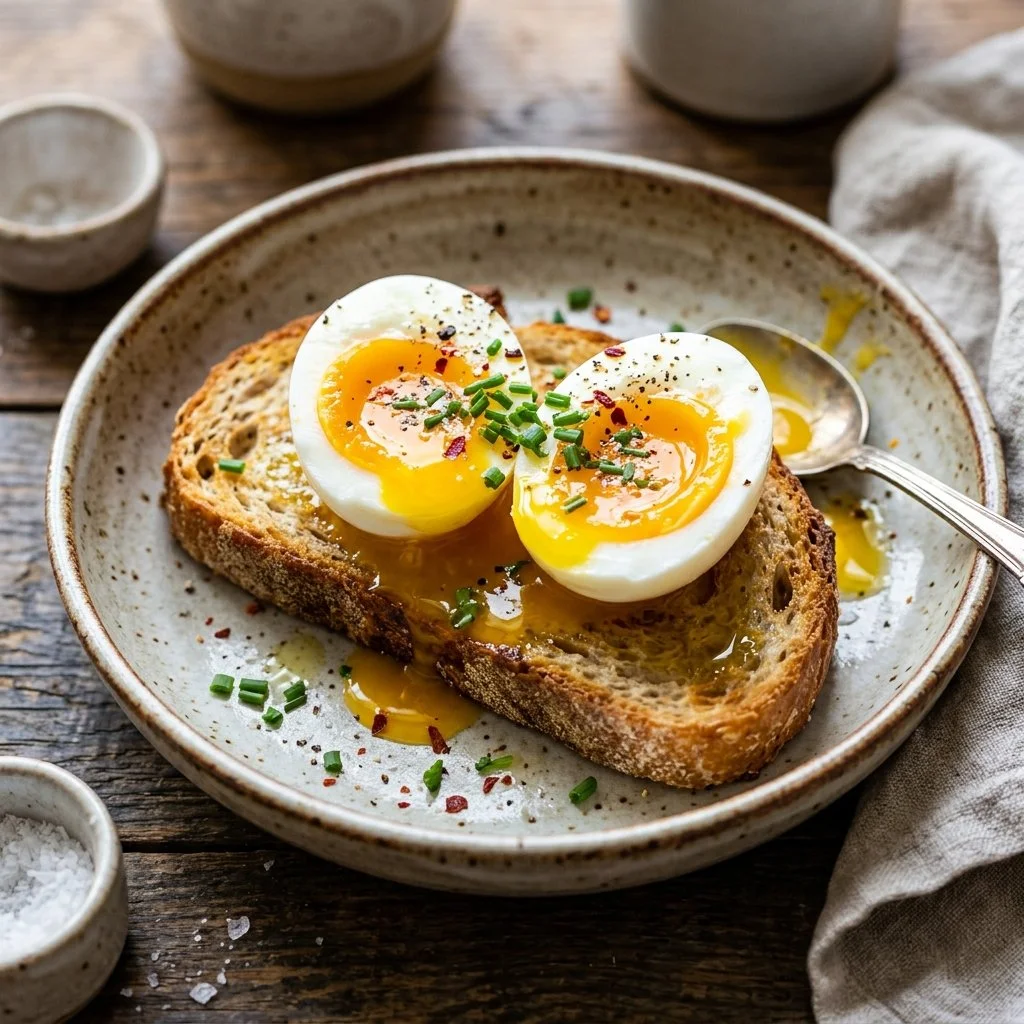 Delicious soft boiled eggs with a creamy yolk served on a plate