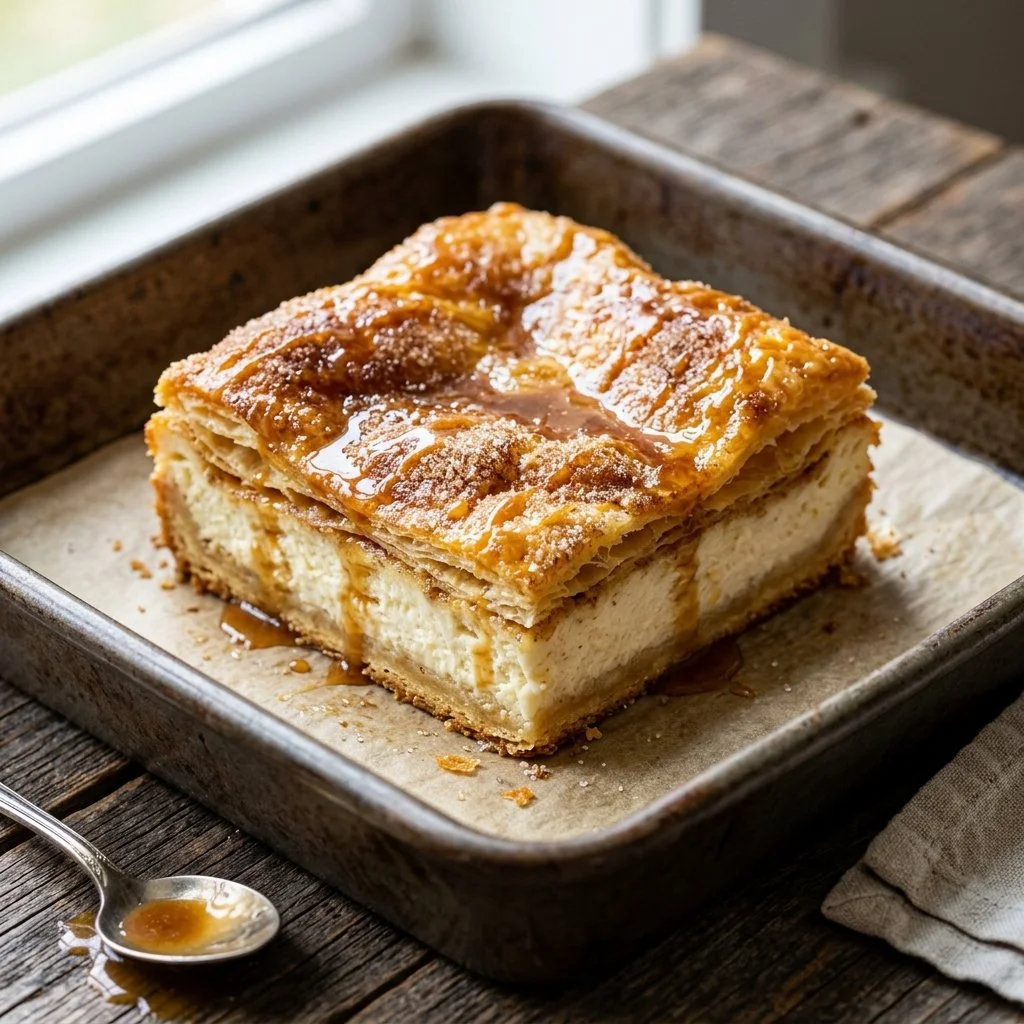 Delicious Sopapilla Cheesecake Bars served on a plate with a sprinkle of cinnamon.