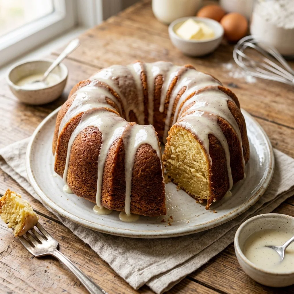Delicious sour cream pound cake served on a plate with a slice cut out