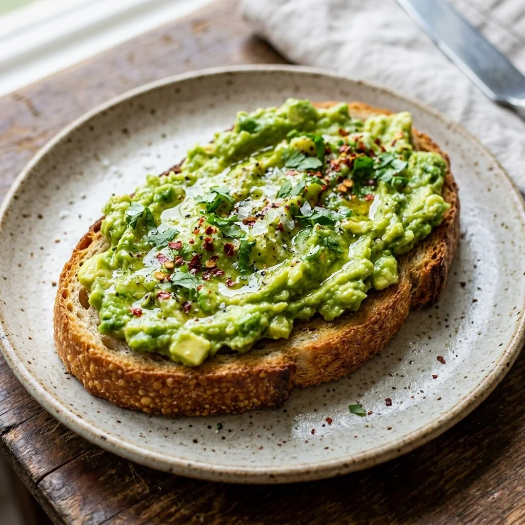 A beautifully plated sourdough avocado toast topped with chia seeds and microgreens.
