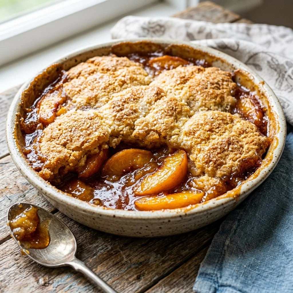 Delicious Southern Peach Cobbler with golden crust and fresh peaches