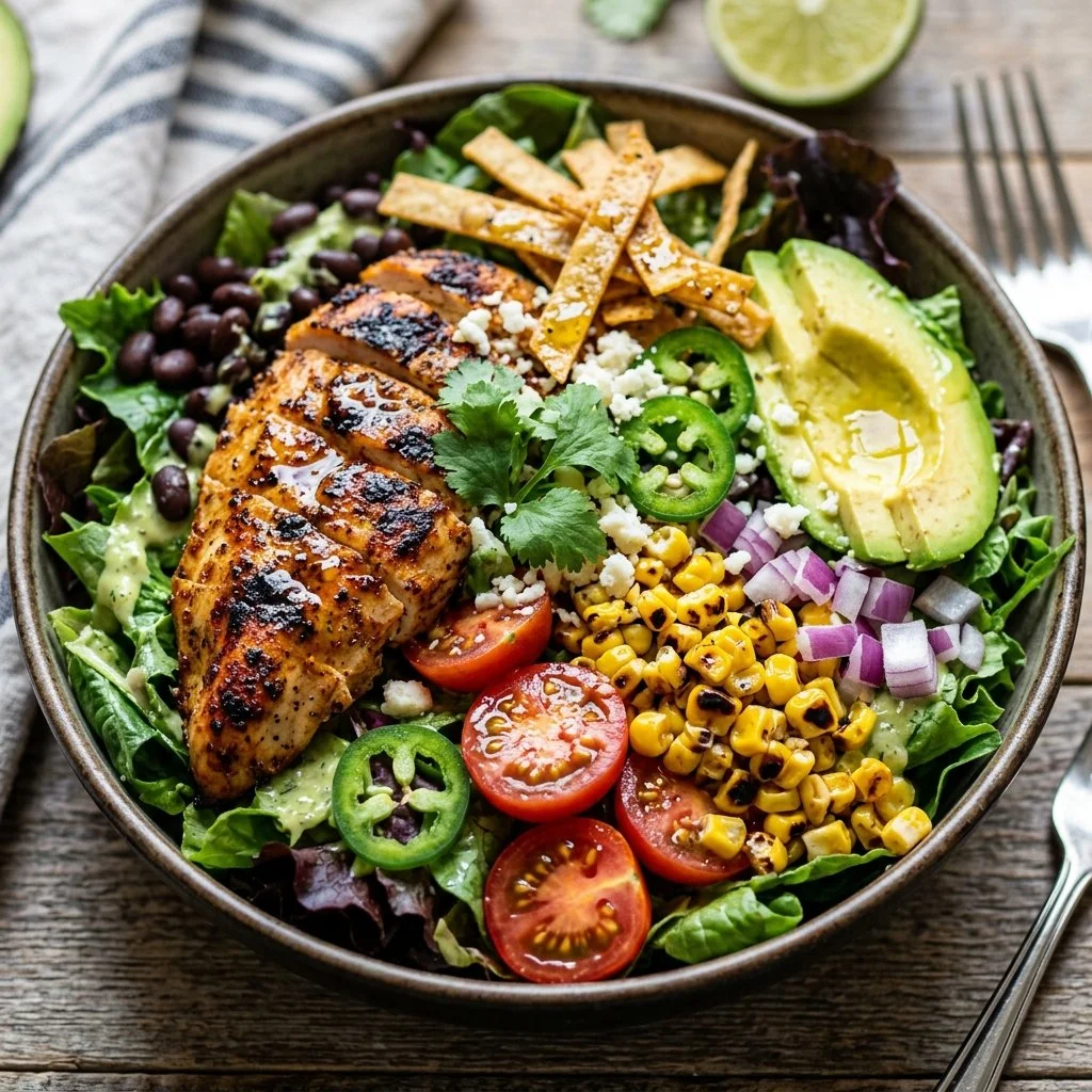 Delicious Southwest Chicken Salad with grilled chicken, greens, and vibrant toppings
