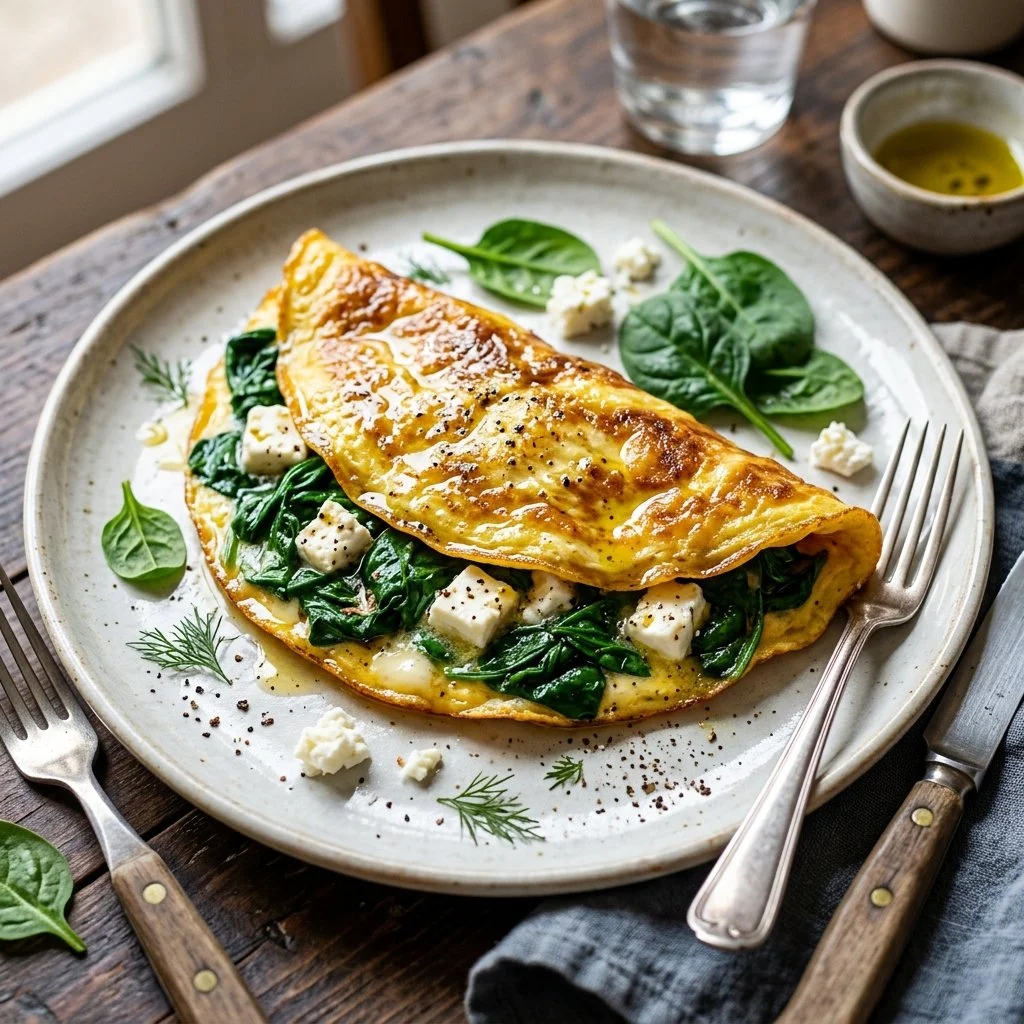 Delicious Spinach Feta Omelet garnished with fresh herbs on a plate