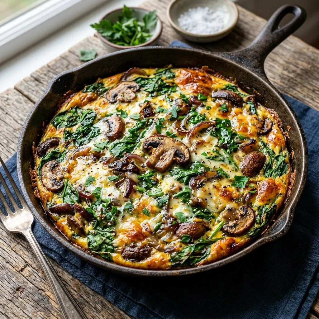 Spinach and mushroom frittata served on a plate with fresh herbs
