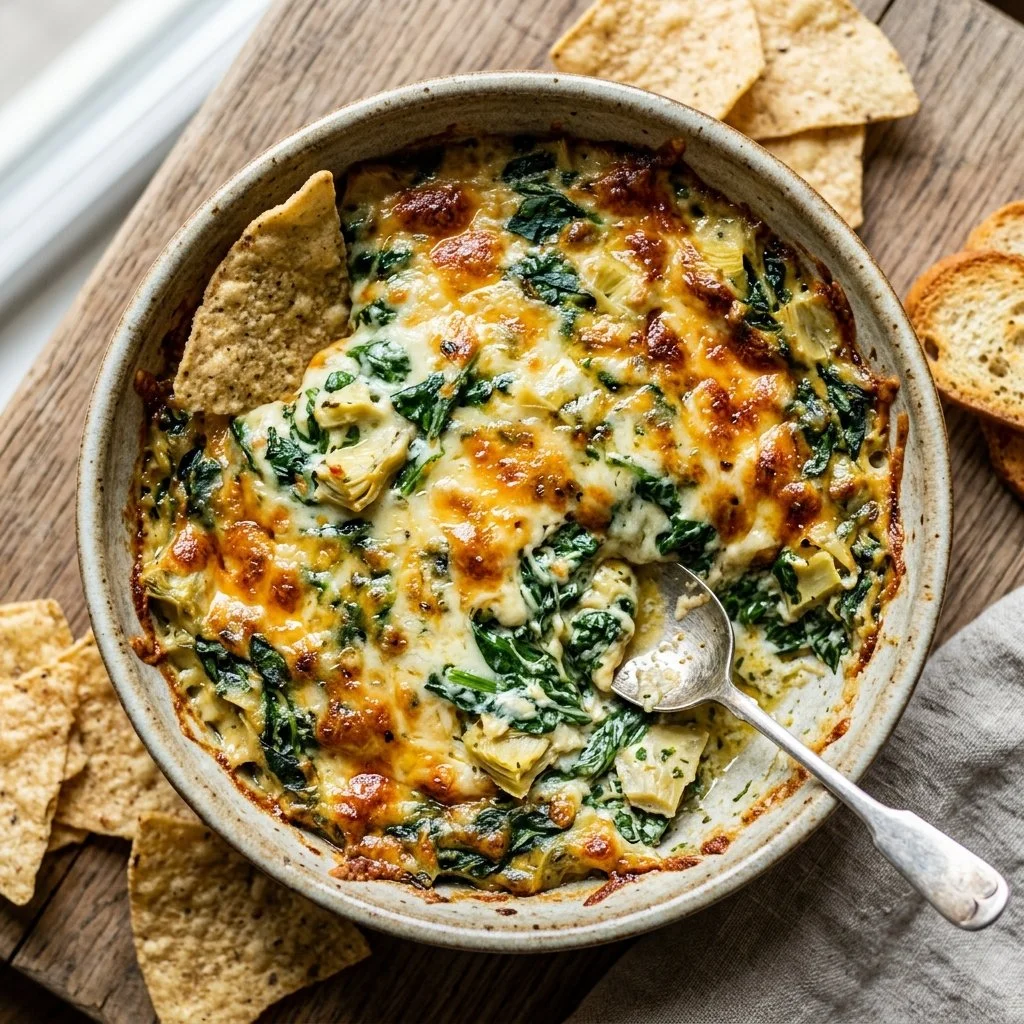 Creamy Spinach Artichoke Dip served in a bowl with crispy chips on the side