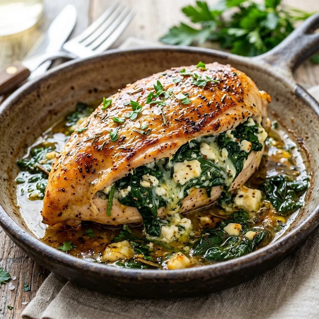 Spinach and feta stuffed chicken on a plate, garnished with herbs.