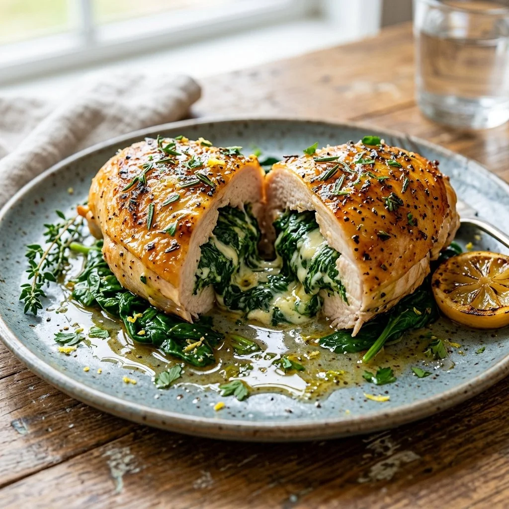 Plate of spinach stuffed chicken garnished with herbs