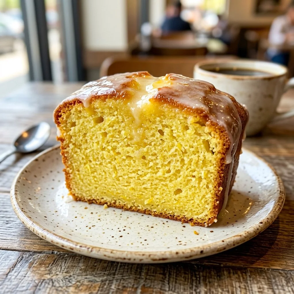 Starbucks lemon loaf with a slice cut, showcasing its moist texture and lemon glaze.