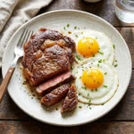 Delicious steak and eggs served on a breakfast plate