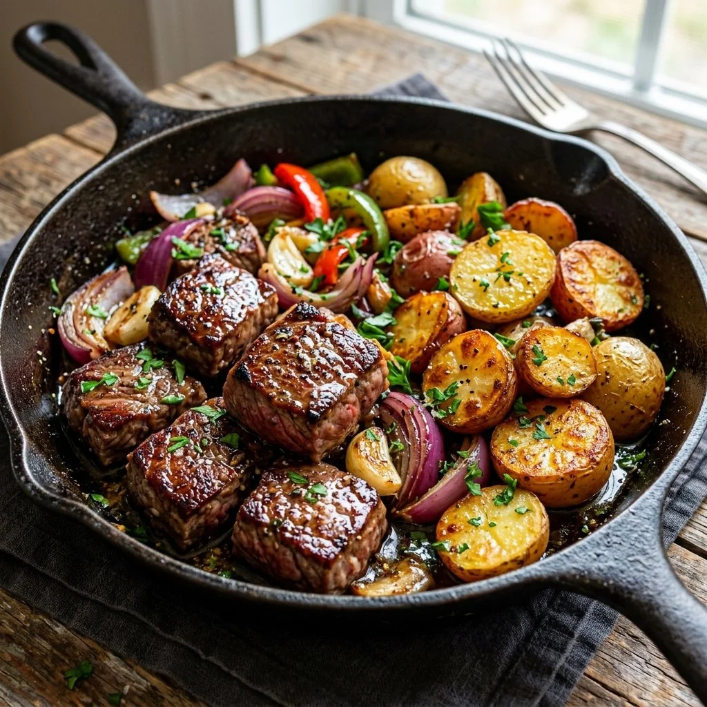 Delicious steak and potato skillet dish prepared in a cast iron pan