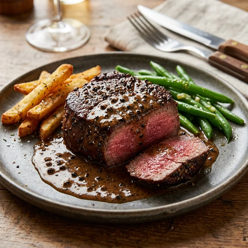 Delicious Steak au Poivre served on a plate with creamy peppercorn sauce.